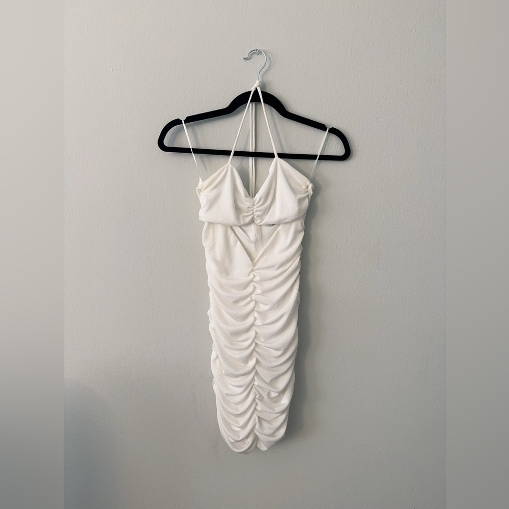 Fashion Nova Ruched Mini Halter Dress in White